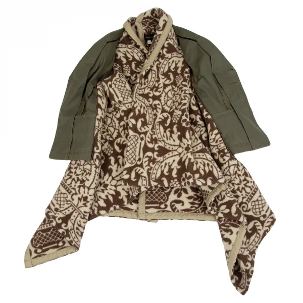コムデギャルソンCOMME des GARCONS ダマスク柄フリースニット切替ショートジャケットドッキングコート カーキ茶S K-111571_011