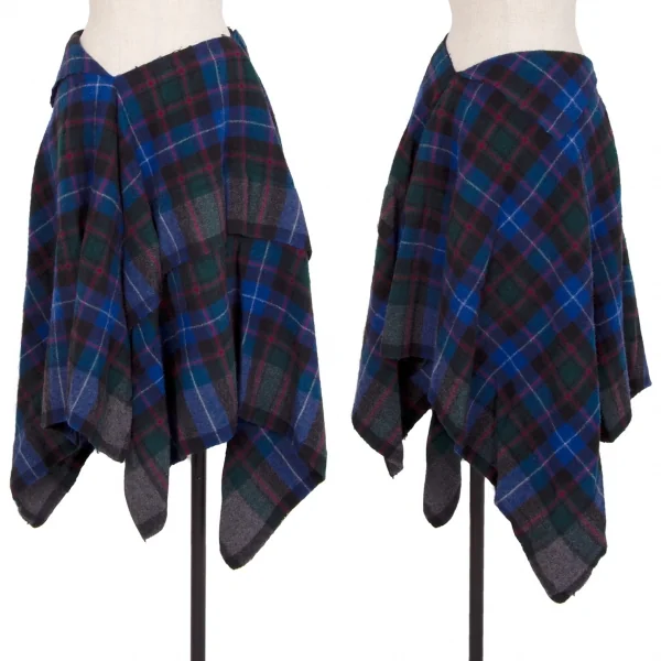 コムデギャルソンCOMME des GARCONS ウール縮絨チェックスクエアシルエットスカート 青他M位 K-111583_001