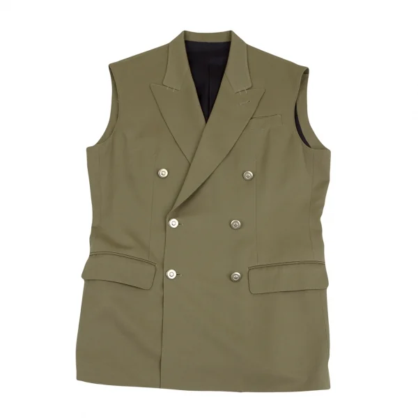 ジャンポールゴルチエ オムJean Paul GAULTIER HOMMEウールギャバメタルボタンダブルブレストノースリーブジャケット カーキ48 K-111628_001