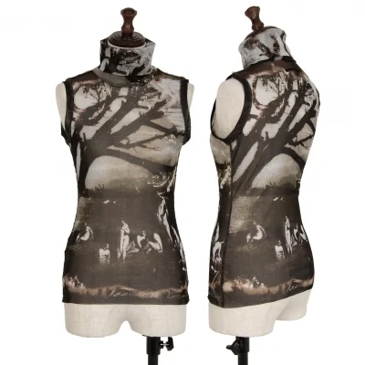ジャンポールゴルチエ ファムJean Paul GAULTIER FEMME グラフィックプリントパワーネットタートルネックタンクトップ 黒グレー