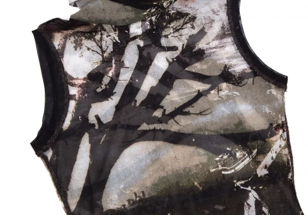 ジャンポールゴルチエ ファムJean Paul GAULTIER FEMME グラフィックプリントパワーネットタートルネックタンクトップ 黒グレー40 K-111640_008