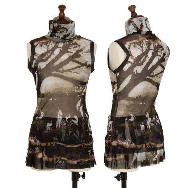ジャンポールゴルチエ ファムJean Paul GAULTIER FEMME グラフィックプリントパワーネットラップスカート 黒グレー40 K-111641_013