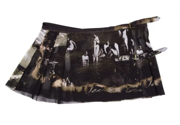 ジャンポールゴルチエ ファムJean Paul GAULTIER FEMME グラフィックプリントパワーネットラップスカート 黒グレー40 K-111641_002