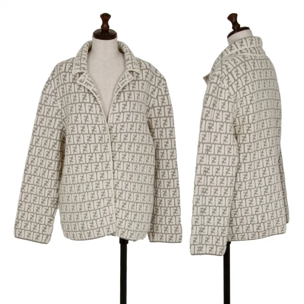 フェンディFENDI ズッカ柄ニットジャケット FF柄 アイボリーグレー40 K-111651_001