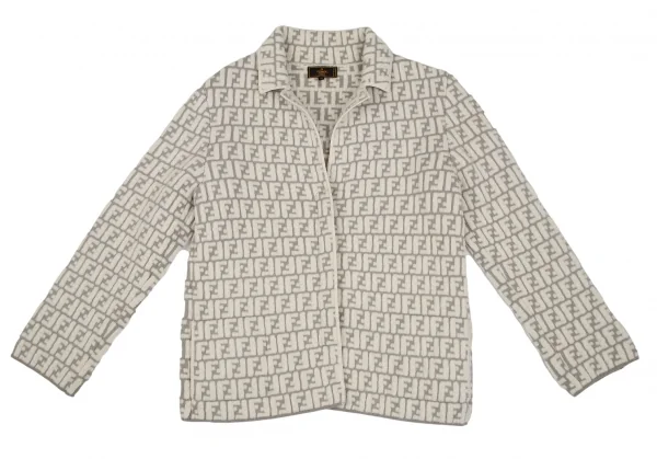 フェンディFENDI ズッカ柄ニットジャケット FF柄 アイボリーグレー40 K-111651_002