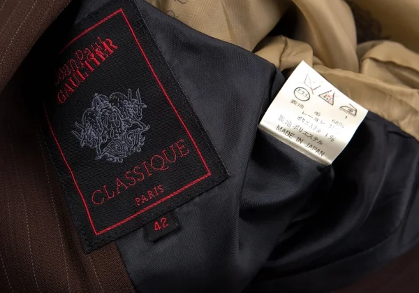 ジャンポールゴルチエ クラシックJean Paul GAULTIER CLASSIQUE ウールストライプロングジャケット 茶42 K-111718_019