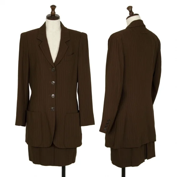ジャンポールゴルチエ クラシックJean Paul GAULTIER CLASSIQUE ウールストライプロングジャケットセットアップスーツ 茶42・40 K-111720_002