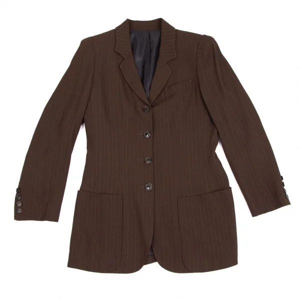 ジャンポールゴルチエ クラシックJean Paul GAULTIER CLASSIQUE ウールストライプロングジャケットセットアップスーツ 茶42・40 K-111720_003