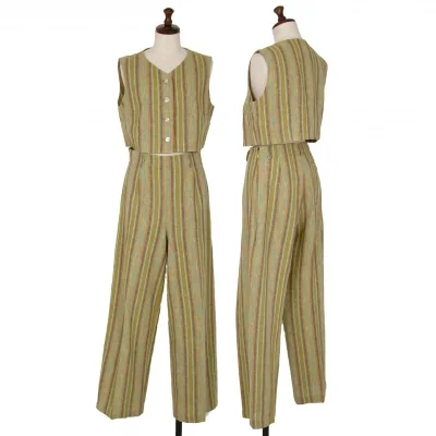 ケンゾーコンポジションKENZO Composition コットンストライプ織りベストセットアップ 緑