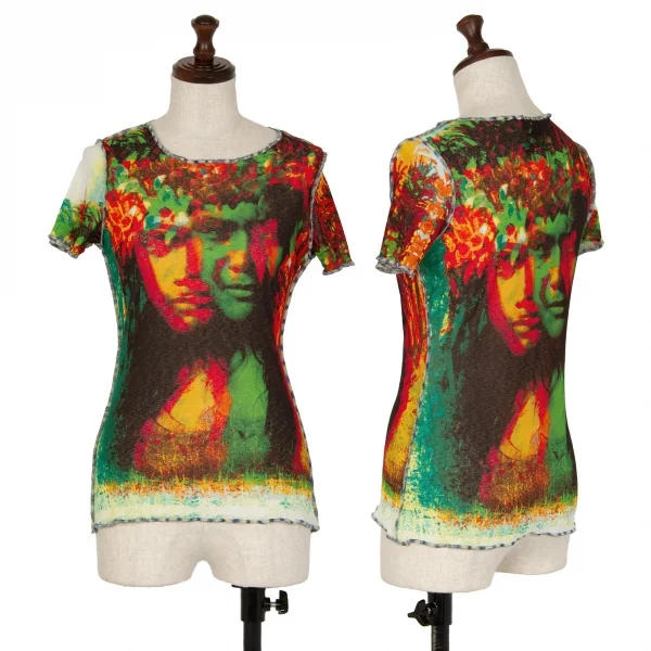 ジャンポールゴルチエ ファムJean Paul GAULTIER FEMME トロピカルプリントパワーネットTシャツ 赤緑黄他40 K-111855_001