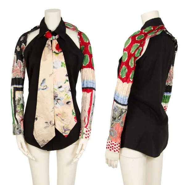 ジャンポールゴルチエ ファムJean Paul GAULTIER FEMME ネクタイスリーブストレッチノースリーブシャツ 黒マルチ40 K-111858_001