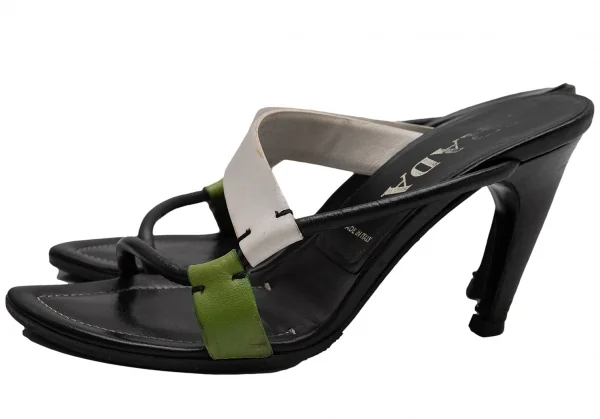 プラダPRADA 配色ストラップヒールサンダル 黒白緑35 1/2(23位) K-111869_007