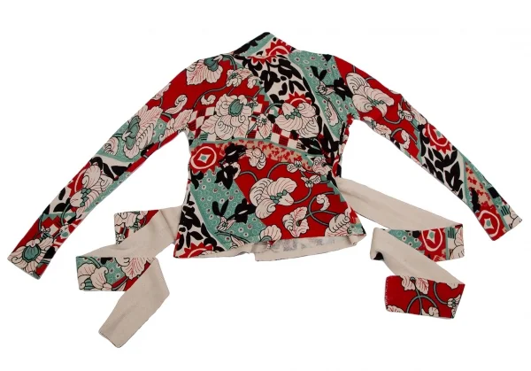 ケンゾーKENZO フラワープリントニットカシュクールカーディガン 赤クリームS K-111874_011
