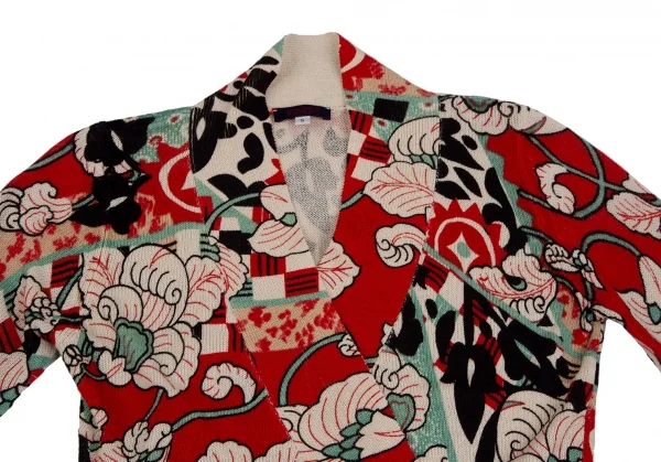 ケンゾーKENZO フラワープリントニットカシュクールカーディガン 赤クリームS K-111874_003