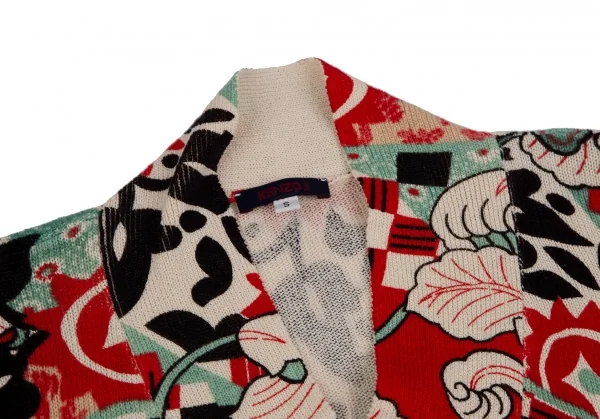 ケンゾーKENZO フラワープリントニットカシュクールカーディガン 赤クリームS K-111874_004