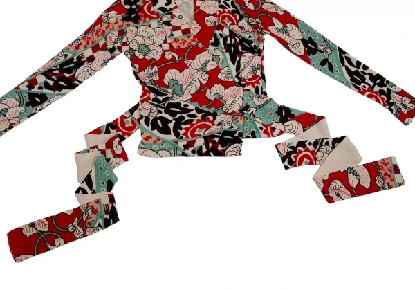 ケンゾーKENZO フラワープリントニットカシュクールカーディガン 赤クリームS K-111874_007