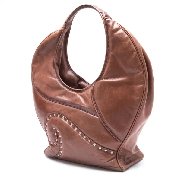 イッセイミヤケISSEY MIYAKE レザー波型切替ハンドバッグ ブラウン K-111918_002