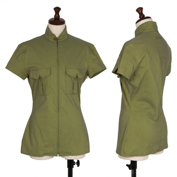 ジャンポールゴルチエ クラシックJean Paul GAULTIER CLASSIQUE ジップアップスタンドカラーストレッチ半袖シャツ 緑40 K-111946_001