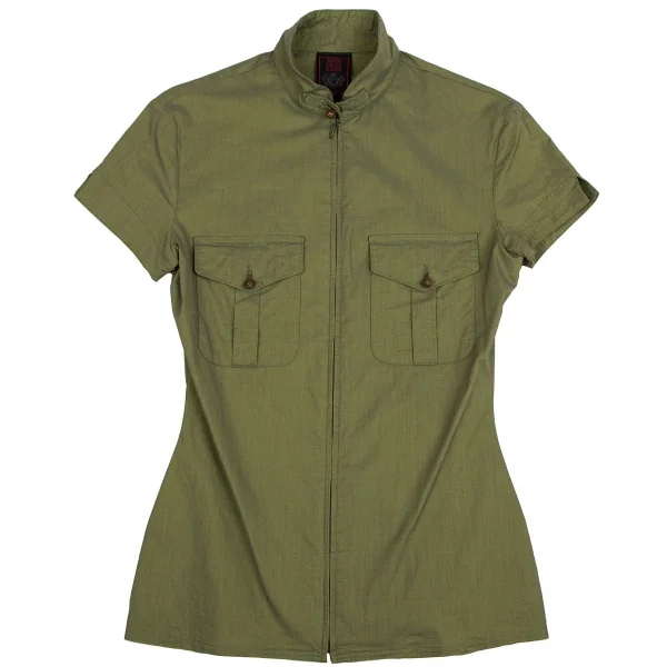 ジャンポールゴルチエ クラシックJean Paul GAULTIER CLASSIQUE ジップアップスタンドカラーストレッチ半袖シャツ 緑40 K-111946_002