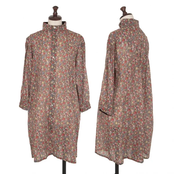 トリココムデギャルソンtricot COMME des GARCONS ベロア切替花柄タックチュニックシャツ グレーマルチS K-111955_001