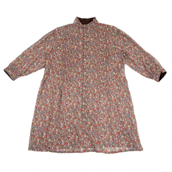 トリココムデギャルソンtricot COMME des GARCONS ベロア切替花柄タックチュニックシャツ グレーマルチS K-111955_002