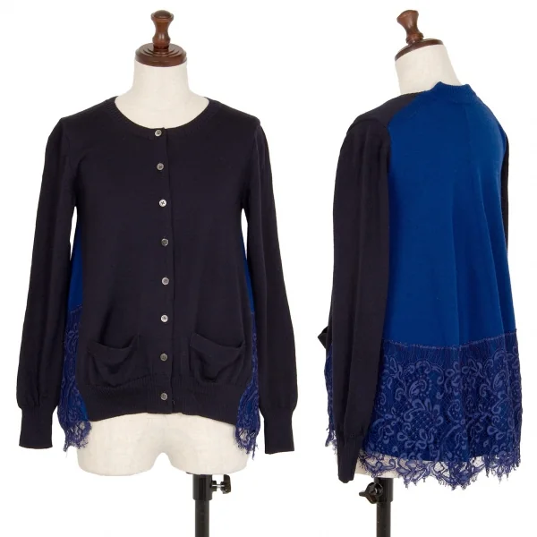 サカイsacai レースレイヤード切替ニットカーディガン 紺青1 K-111962_001