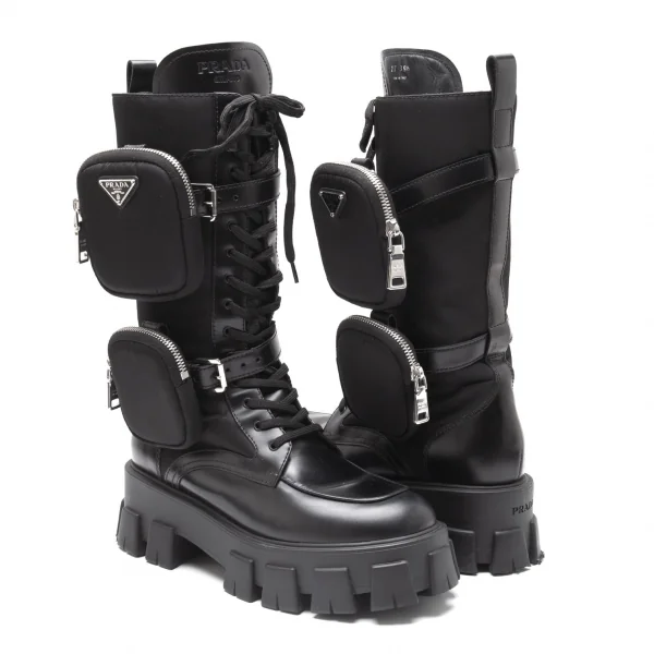 プラダPRADA ブラッシュドレザーナイロン モノリスブーツ 黒39 1/2(25.5位) K-111988_001