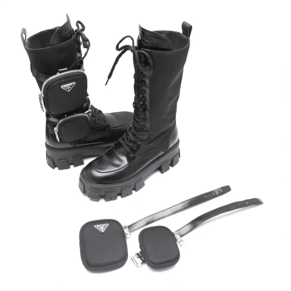 プラダPRADA ブラッシュドレザーナイロン モノリスブーツ 黒39 1/2(25.5位) K-111988_013