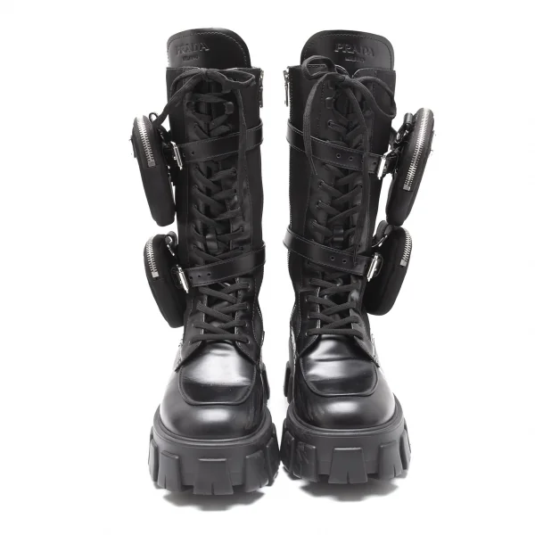 プラダPRADA ブラッシュドレザーナイロン モノリスブーツ 黒39 1/2(25.5位) K-111988_002