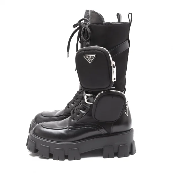プラダPRADA ブラッシュドレザーナイロン モノリスブーツ 黒39 1/2(25.5位) K-111988_005