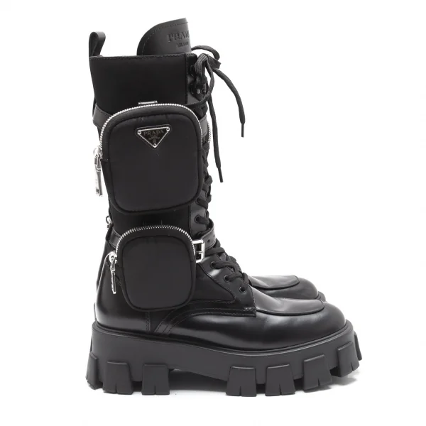 プラダPRADA ブラッシュドレザーナイロン モノリスブーツ 黒39 1/2(25.5位) K-111988_007