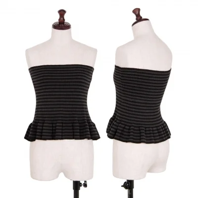 ワイズフォーリビングY's for living 裾フリルボーダーリブニットベアトップ 黒チャコール