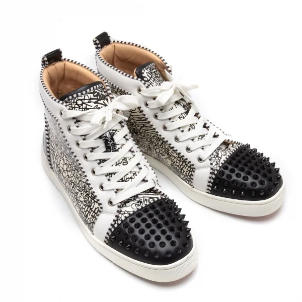 クリスチャンルブタンChristian Louboutin Lou Spikes グラフィックプリントスパイクスタッズハイカットスニーカー 白黒43(28位) K-112069_001