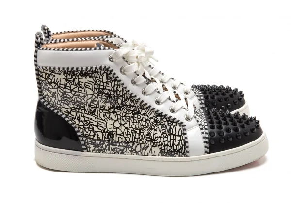 クリスチャンルブタンChristian Louboutin Lou Spikes グラフィックプリントスパイクスタッズハイカットスニーカー 白黒43(28位) K-112069_007