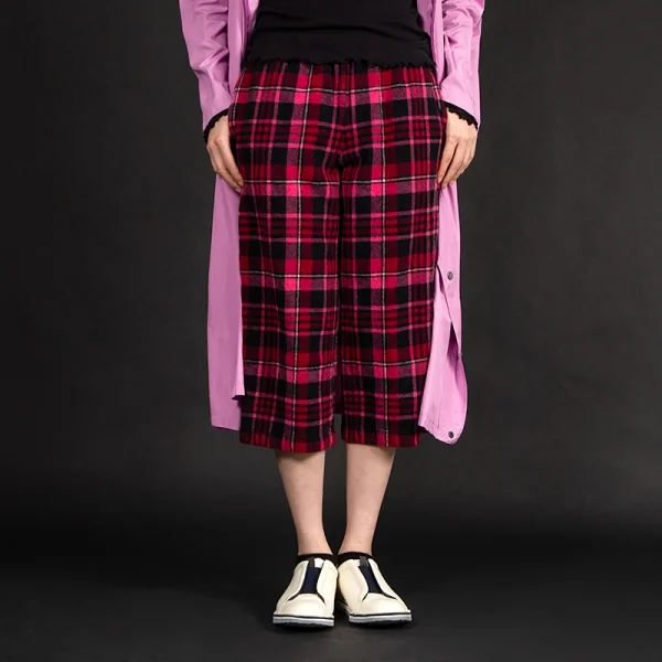 ローブドシャンブル コムデギャルソンrobe de chambre COMME des GARCONS ウールタータンチェッククロップドパンツ ピンク黒M位 K-112081_009