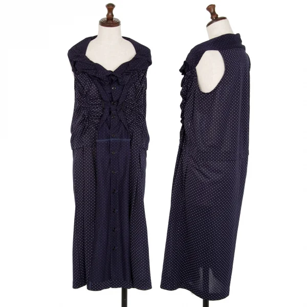 トリココムデギャルソンtricot COMME des GARCONS ピンドットギャザーネックノースリーブシャツワンピース 紺オフS K-112084_001