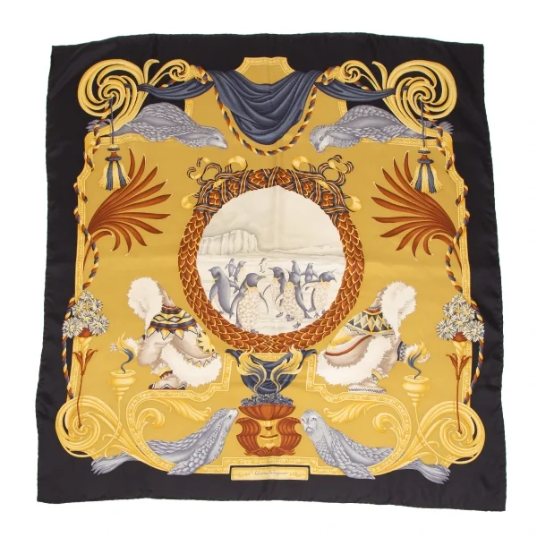 サルバトーレフェラガモSalvatore Ferragamo 北極プリントシルクスカーフ 黒黄 K-112155_001
