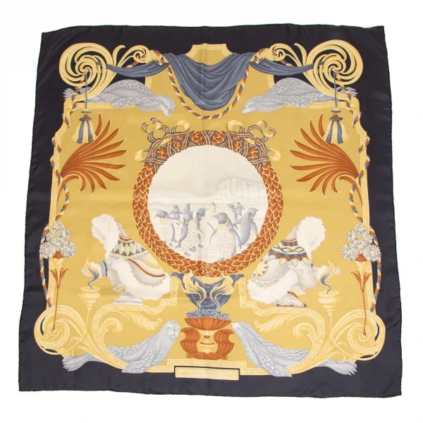 サルバトーレフェラガモSalvatore Ferragamo 北極プリントシルクスカーフ 黒黄 K-112155_008