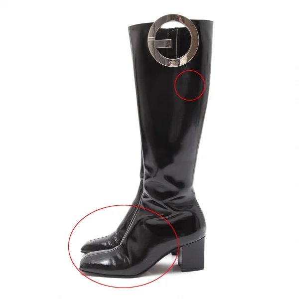 グッチGUCCI メタルプレートデザインレザーロングブーツ 黒5 1/2(22.5位) K-112203_003
