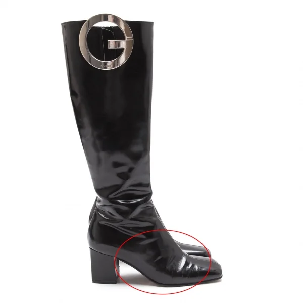 グッチGUCCI メタルプレートデザインレザーロングブーツ 黒5 1/2(22.5位) K-112203_007