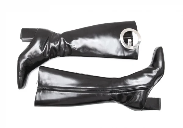 グッチGUCCI メタルプレートデザインレザーロングブーツ 黒5 1/2(22.5位) K-112203_009