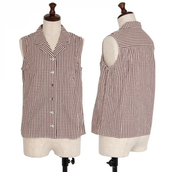 マドモアゼルノンノンMademoiselle NON NON襟ワンポイント刺繍ギンガムチェックノースリーブシャツ 白茶M K-112266_001