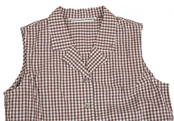 マドモアゼルノンノンMademoiselle NON NON襟ワンポイント刺繍ギンガムチェックノースリーブシャツ 白茶M K-112266_003
