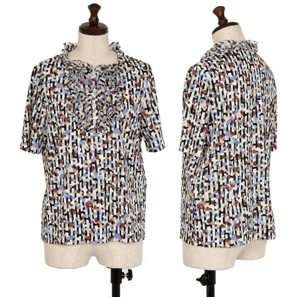 ハナエモリHANAE MORI 幾何学ドットプリントフリルトップス 白黒他40 K-112310_001