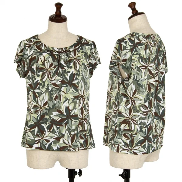 ハナエモリHANAE MORI リーフプリントトップス 白緑L K-112311_001