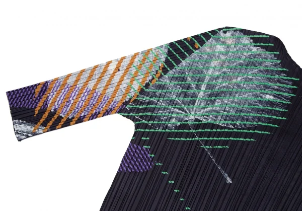 プリーツプリーズPLEATS PLEASE グラフィックプリントボタンレスカーディガン 紺マルチ4 K-112411_014