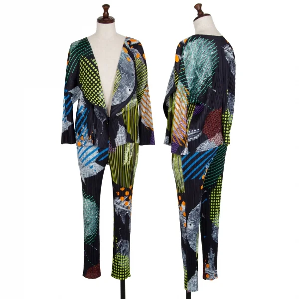 プリーツプリーズPLEATS PLEASE グラフィックプリントボタンレスカーディガン 紺マルチ4 K-112411_018