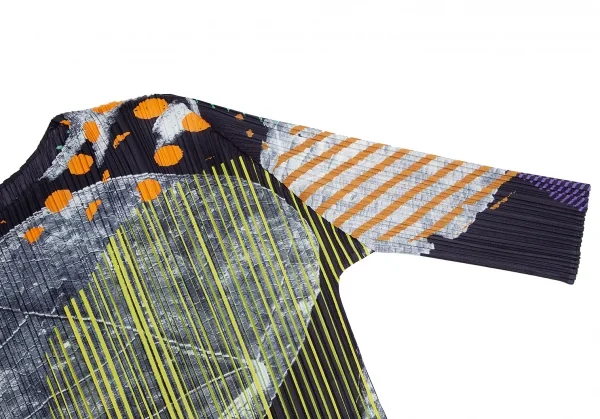 プリーツプリーズPLEATS PLEASE グラフィックプリントボタンレスカーディガン 紺マルチ4 K-112411_005