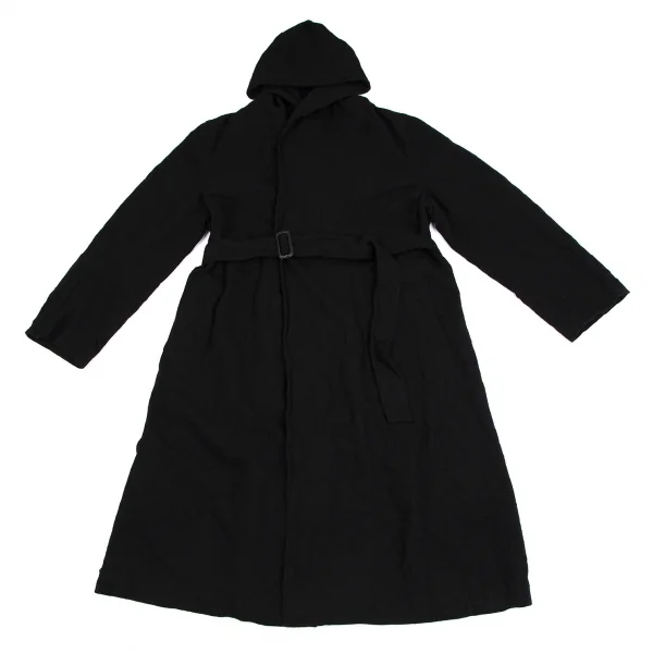 REGULATION Yohji Yamamoto MEN Wrinkled Wool Belted Hoodie Coat Black 2 K-112441_001