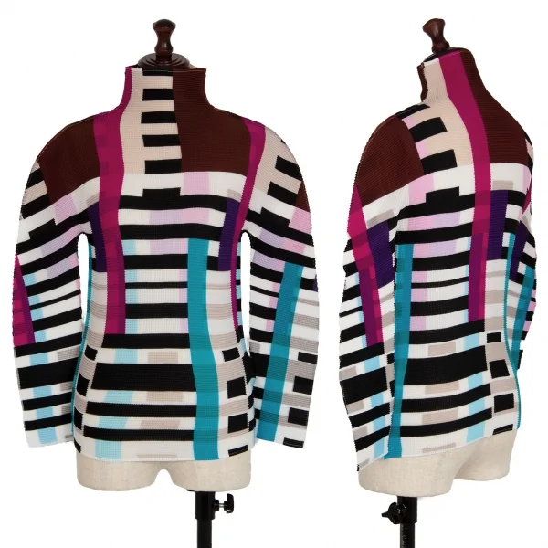 イッセイミヤケ ミーISSEY MIYAKE me タワーストライププリントストレッチプリーツハイネックカットソー 白黒他F K-112446_001